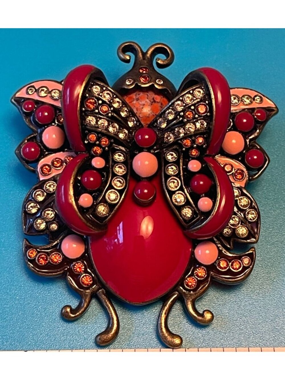 Vintage Joan Rivers Red & Pink Bug Brooch With Rhinestones & Art Glass Figural D